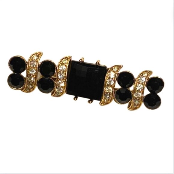 Vintage Rhinestone Black Brooch, Sparkly Bar-Style Pin, 1980s - Picture 1 of 3